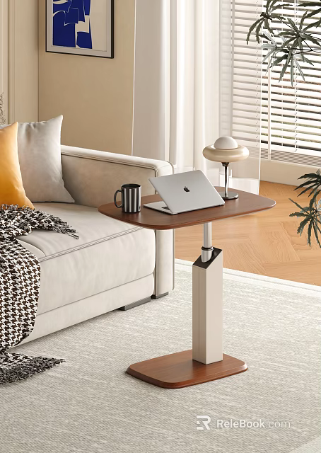 Modern Side Table Next to Sofa with Laptop Mug Brown Top and Silver Base 3d model 