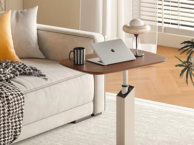 Modern Side Table Next to Sofa with Laptop Mug Brown Top and Silver Base 3d model