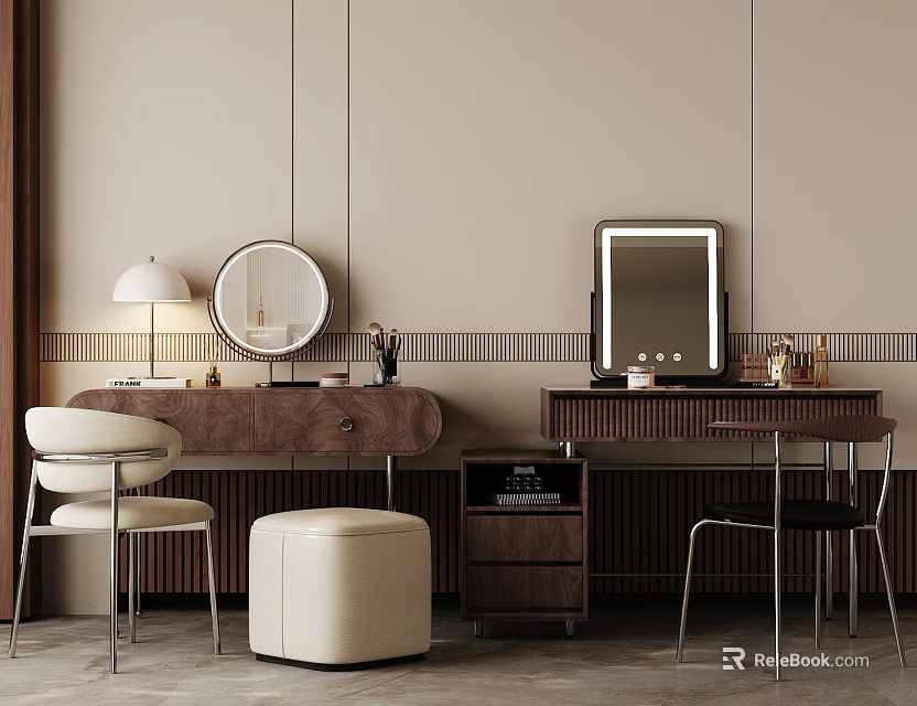 Dual Dressing Tables With Round Rectangular Mirrors Accent Chair Stool Wooden Table Lamp Beige Wall 3d model 