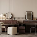 Dual Dressing Tables With Round Rectangular Mirrors Accent Chair Stool Wooden Table Lamp Beige Wall