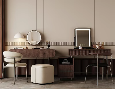 Dual Dressing Tables With Round Rectangular Mirrors Accent Chair Stool Wooden Table Lamp Beige Wall 3d model
