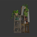 Vintage Wooden Bookshelves Display With Potted Plants Decorative Frames And Books