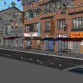 Vibrant Commercial Street With Multi Story Brick Buildings Shop Signboards And Decorative Light Strings
