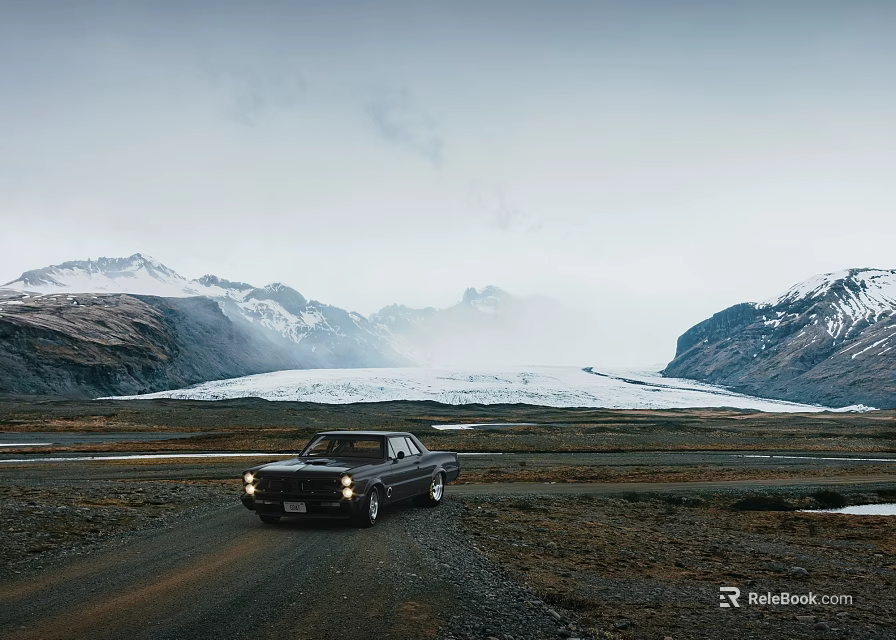 Vintage Car Driving Through Snowy Mountains And Glacier In Open Landscape 3d model 