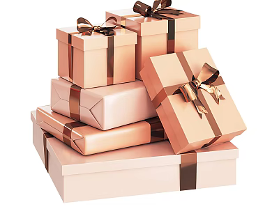 Golden And Pink Gift Boxes With Ribbons And Bows Stacked As Daily Living Supplies 3d model