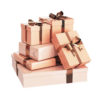 Golden And Pink Gift Boxes With Ribbons And Bows Stacked As Daily Living Supplies 3d model