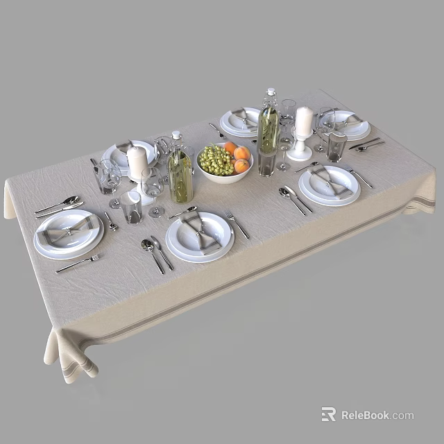 Dining Table Set With Tablecloth Plates Wine Bottles Fruit Bowl And Glasses 3d model