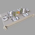 Dining Table Set With Tablecloth Plates Wine Bottles Fruit Bowl And Glasses 3d model