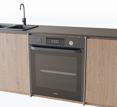 Modern Kitchen Appliances Featuring Built in Oven With Wooden Cabinets Sink And Countertop 3d model