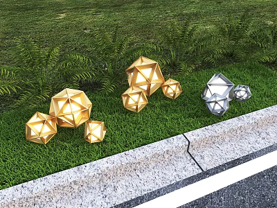 Geometric Shaped Gold and Silver Outdoor Lights Illuminated on Green Lawn with Plants 3d model