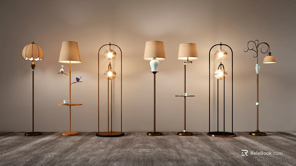 Modern Floor Lamps With Various Designs Metal Frames Fabric Shades And Decorative Elements 3d model 