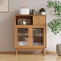 Rustic Wooden Sideboard with Glass Doors Woven Texture Drawers and Potted Plant