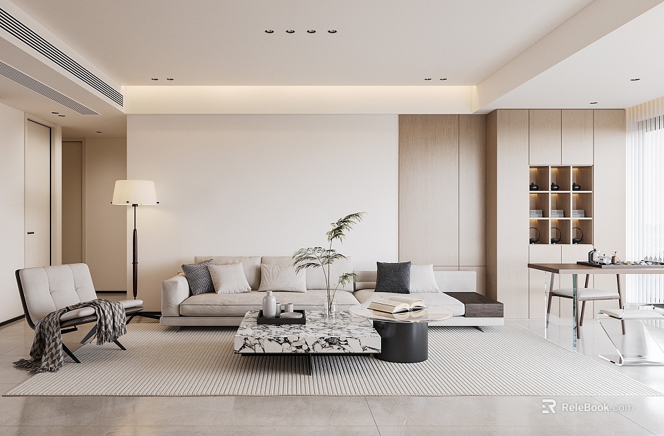 Modern Living Room Interior With Sofa Coffee Table Floor Lamp And Bookshelf Rug 3d model 