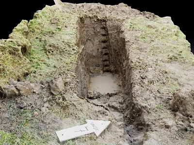 Grass Surrounded Excavation Pit With Water At Bottom And 2 to 10 Sign 3d model