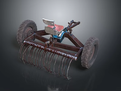 Agricultural Farm Tool With Large Wheels Metal Rake Tines Seat And Handle 3d model