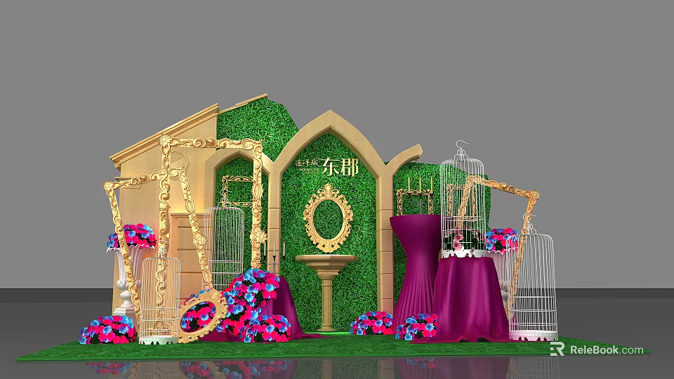 Elegant Decorative Scene With Greenery Wall Golden Frames And Purple Drapes 3d model
