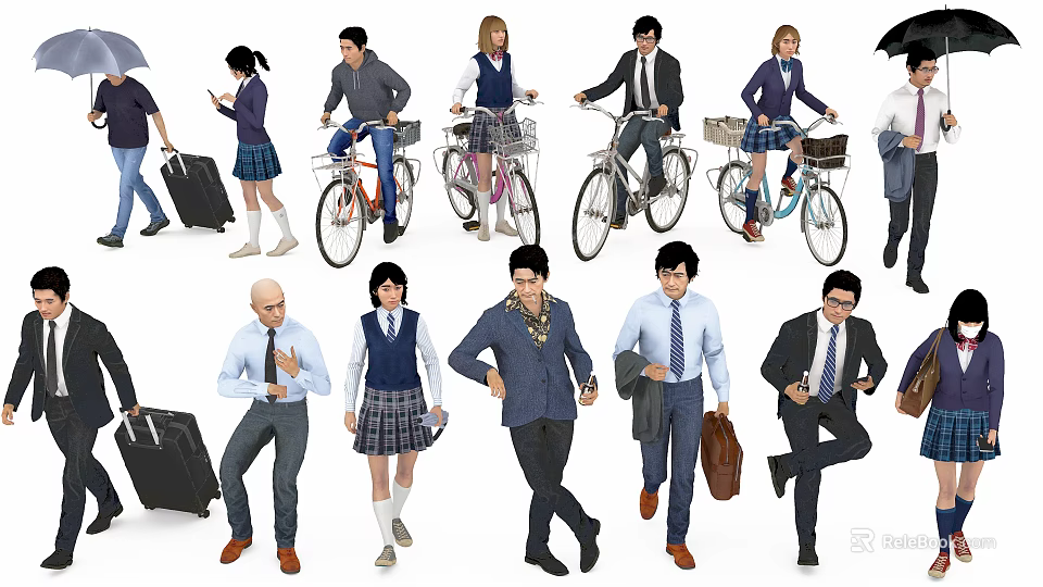 Diverse People in Different Professions with Activities Like Cycling Carrying Luggage and Walking 3d model 
