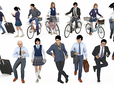 Diverse People in Different Professions with Activities Like Cycling Carrying Luggage and Walking 3d model