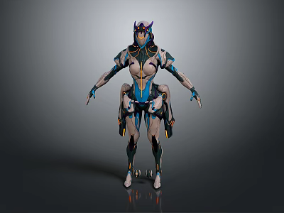 Futuristic Mechanical Character Design With Blue White Armor And Tech Elements 3d model