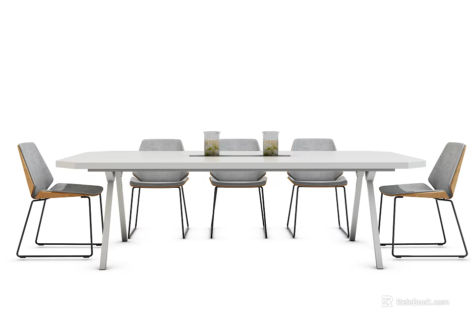 White Modern Conference Table With Grey Chairs Wooden Accents And Decorative Vases 3d model 