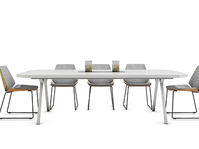 White Modern Conference Table With Grey Chairs Wooden Accents And Decorative Vases 3d model
