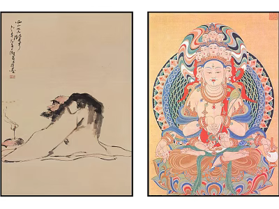Traditional Chinese Figure Paintings Including Ink Wash Sage And Colorful Buddha Portrait 3d model