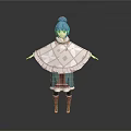 Anime Style 3D Character Model With Blue Bun Hair White Cape And Brown Boots