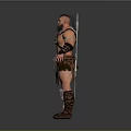 Shirtless Muscular Warrior Man Standing With Leather Armor And Sword On Gray Background