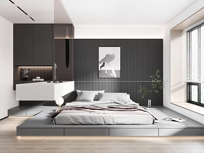 Modern Bedroom Interior With Platform Bed Black Vertical Slat Wall Bird Artwork Green Plant And Window 3d model
