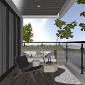 Modern Home Balcony Interior With Gray Sofa Wooden Chair Green Plants And Lake View