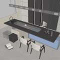 Modern Bar Counter Interior With Black Countertop White Chairs Blue Cabinets And Sink