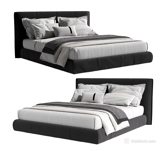 Modern Double Bed With Black Headboard White Striped Bedding And Pillows 3d model