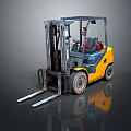 Yellow Industrial Forklift With Front Forks Driver Cab And Reflective Surface 3d model