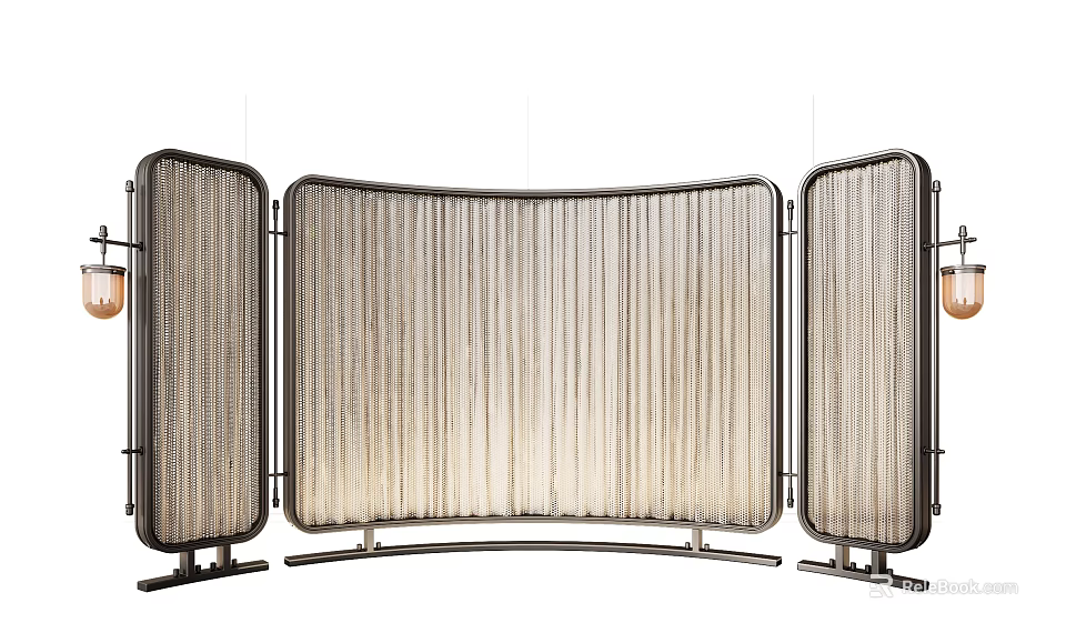 Modern Folding Room Divider With Metal Frame And Beige Pleated Fabric Panels 3d model 