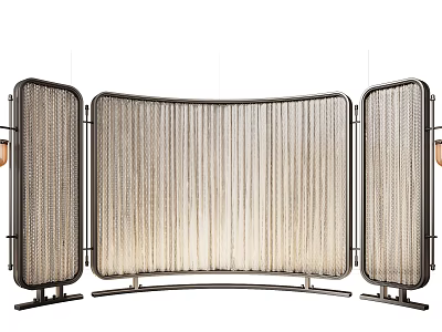 Modern Folding Room Divider With Metal Frame And Beige Pleated Fabric Panels 3d model