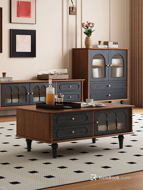 Vintage Wooden Coffee Table With Drawers Glass Doors And Storage Design 3d model 