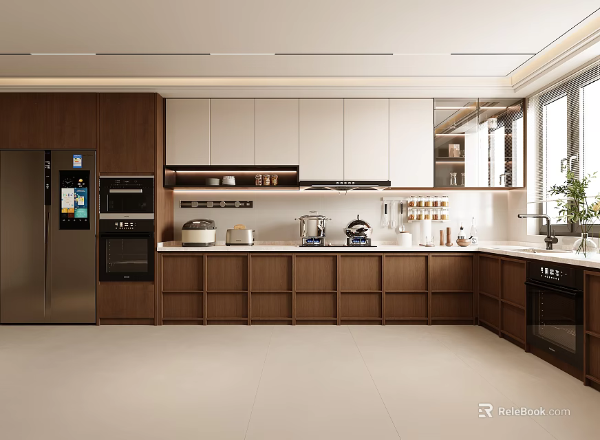 Modern Kitchen Interior With Wooden Cabinets Island Counter And Stainless Steel Appliances 3d model 