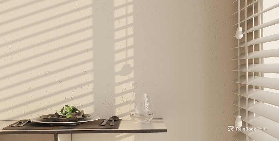 Sunlit Tableware Set On Light Colored Wall Table With Green Vegetables Plate Cutlery Glass 3d model 