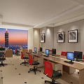 Elegant Office Workspace With Computers Workstations Large Windows And City Sunset View