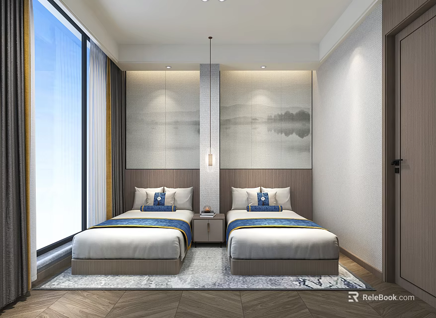 Modern Hotel Guest Room With Twin Beds Landscape Painting Wall Large Windows And Decorative Cushions 3d model 