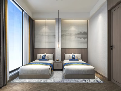 Modern Hotel Guest Room With Twin Beds Landscape Painting Wall Large Windows And Decorative Cushions 3d model