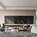 Modern Living Room Interior With White Sofa Brown Armchairs Fireplace TV Wall And Coffee Table