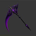 Fantasy Scythe Weapon With Purple And Black Ornate Curved Blade And Intricate Decorative Details