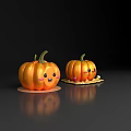 Two Adorable Decorative Pumpkin Vegetables With Happy Smiling Faces On Gray Surface