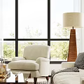 Modern Living Room Interior With White Sofa Armchairs Wooden Coffee Table And Windows