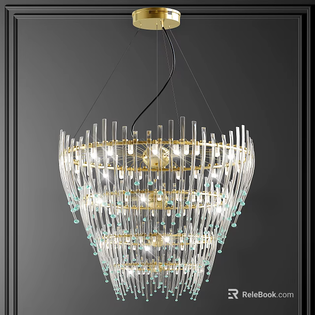 Elegant Modern Crystal Chandelier With Transparent Glass Rods And Gold Accents 3d model 