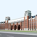 Red Brick School Building With Arched Design Pond And Clock Tower 3d model