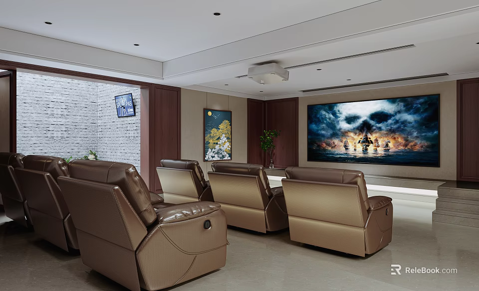 Modern Home Theater Interior Design With Brown Leather Sofas And Large Screen TV 3d model