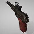 Tactical Vintage Pistol With Mounted Scope Silencer And Brown Textured Grip