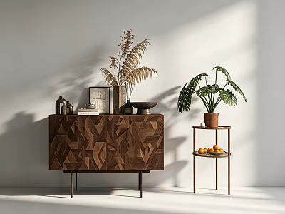 Modern Wooden Console Table And Side Table With Geometric Pattern Potted Plant Oranges And Books 3d model